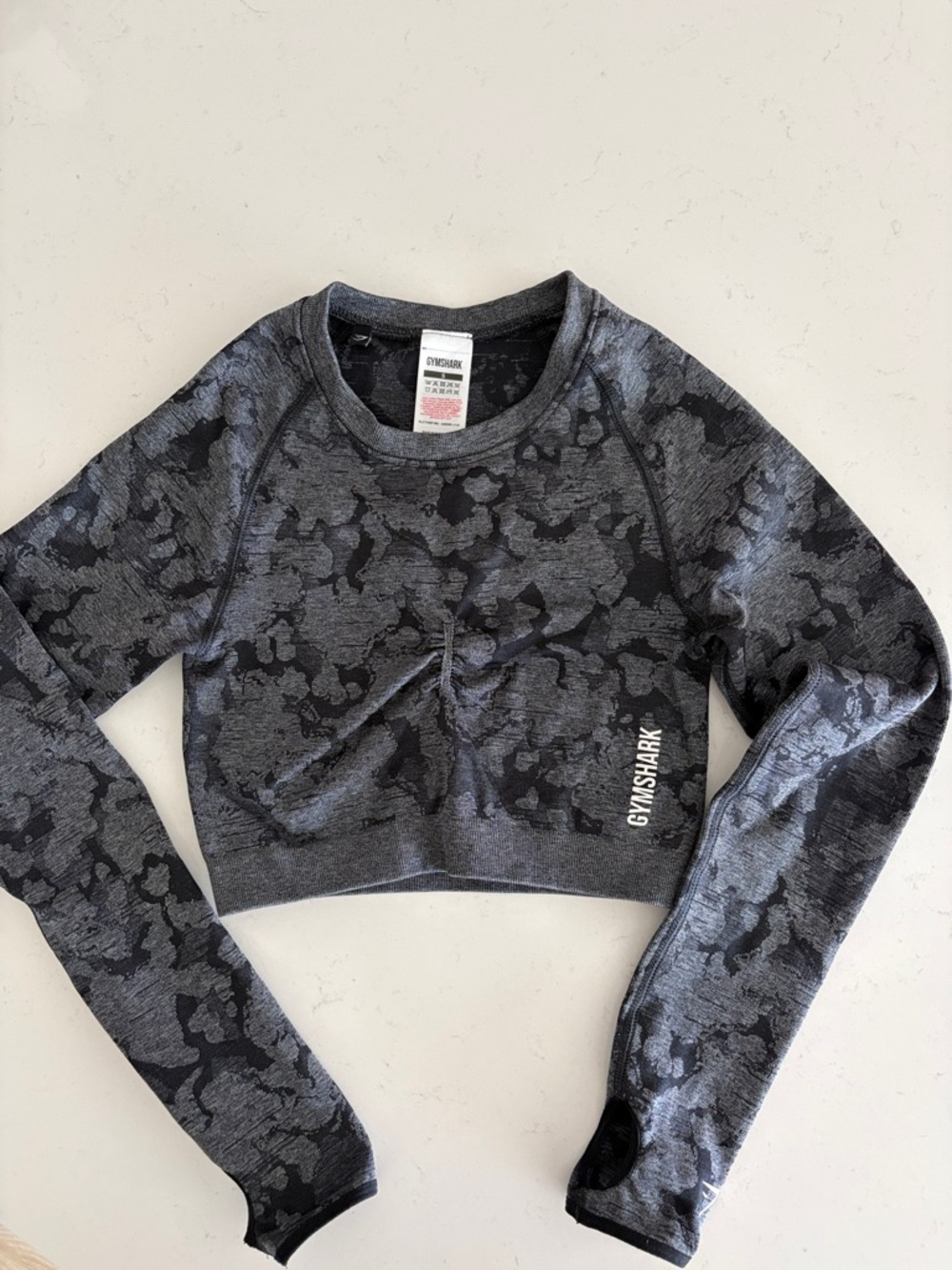 Gymshark Grey & Black Camo Cropped Long Sleeve Top